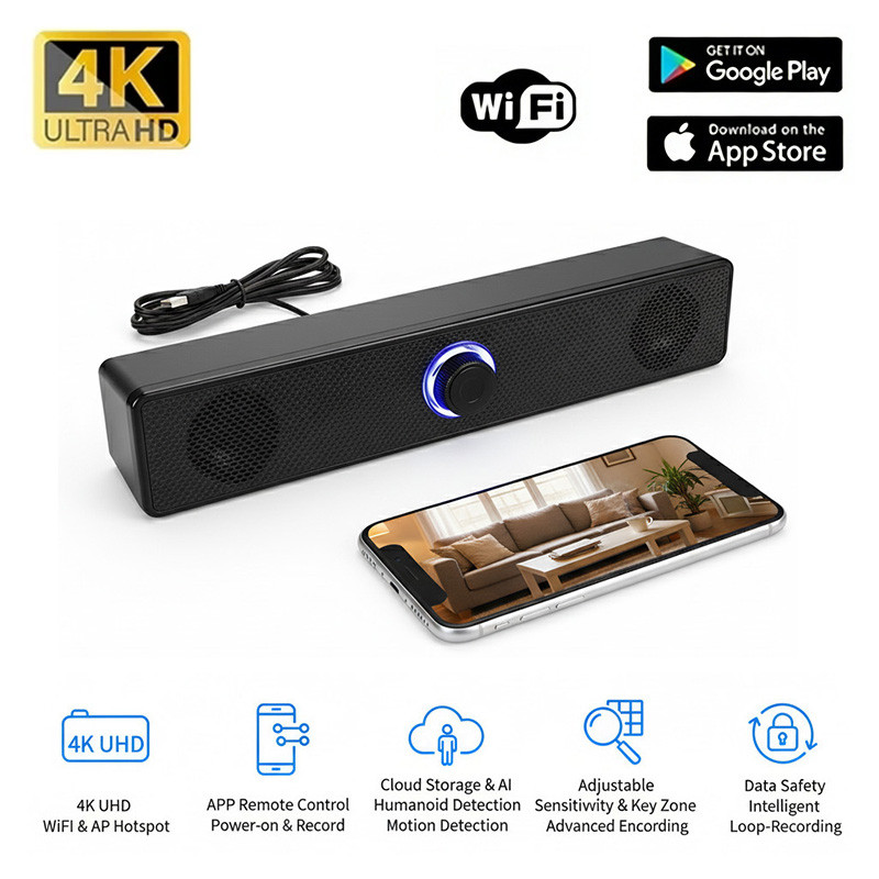 กล้องลําโพงไร้สาย 4K UHD ลําโพงบลูทูธกล้อง WiFi มัลติฟังก์ชั่นพร้อมการตรวจจับการเคลื่อนไหวกล้องที่ซ่อนอยู่