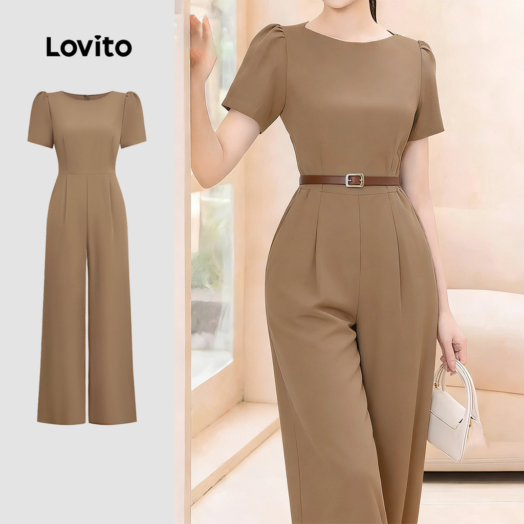 Lovito จั๊มสูทสีน้ําตาลอ่อนสําหรับฤดูร้อนผู้หญิง L183AD387