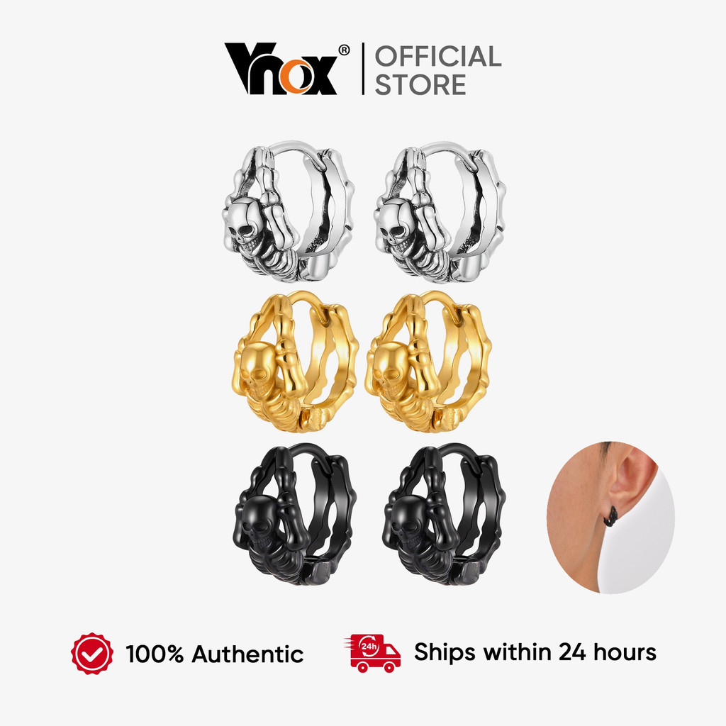 Vnox สแตนเลสโครงกระดูก Skull Huggie Hoop พังค์โกธิกฮิปฮอป เครื่องประดับสำหรับทุกวัยและเป็นของขวัญที่ดี