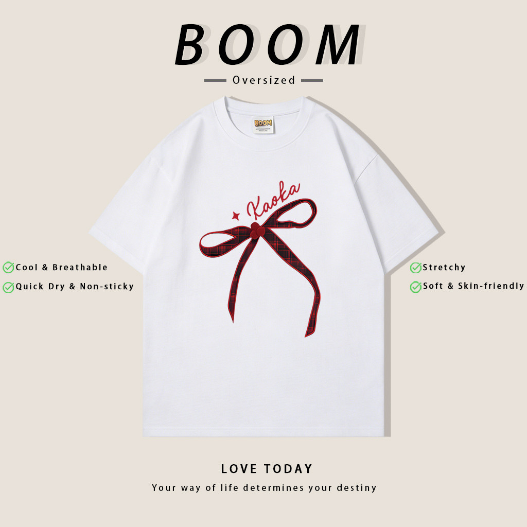BOOM ฤดูร้อน เสื้อยืดสั้นแขน สไตล์เกาหลี Oversize ลายโบว์น่ารัก ผ้ายืดคุณภาพ ระบายอากาศดี (เงินสดปลายทาง)
