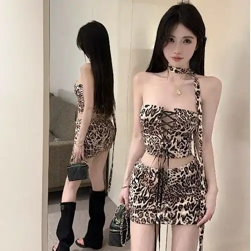 Lace-Up Leopard Print Tube Top Vest Cropped Top Skirt ชุดสองชิ้น