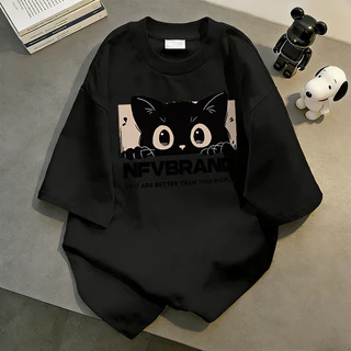 【จัดส่งจากกรุงเทพฯ】LABZAA เสื้อยืดแขนสั้นคอกลม วินเทจฟอกน้ำ Oversized ลายพิมพ์แมวน่ารัก ระบายอากาศ ผ้าฝ้าย 100% YG438