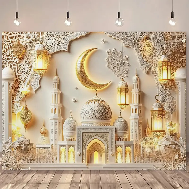 แบนเนอร์ตกแต่ง Hari Raya Eid Mubarak พื้นหลังรอมฎอนฉากหลัง Ramadhan มุสลิม Aidilfitri โพลีเอสเตอร์ langsirLatar