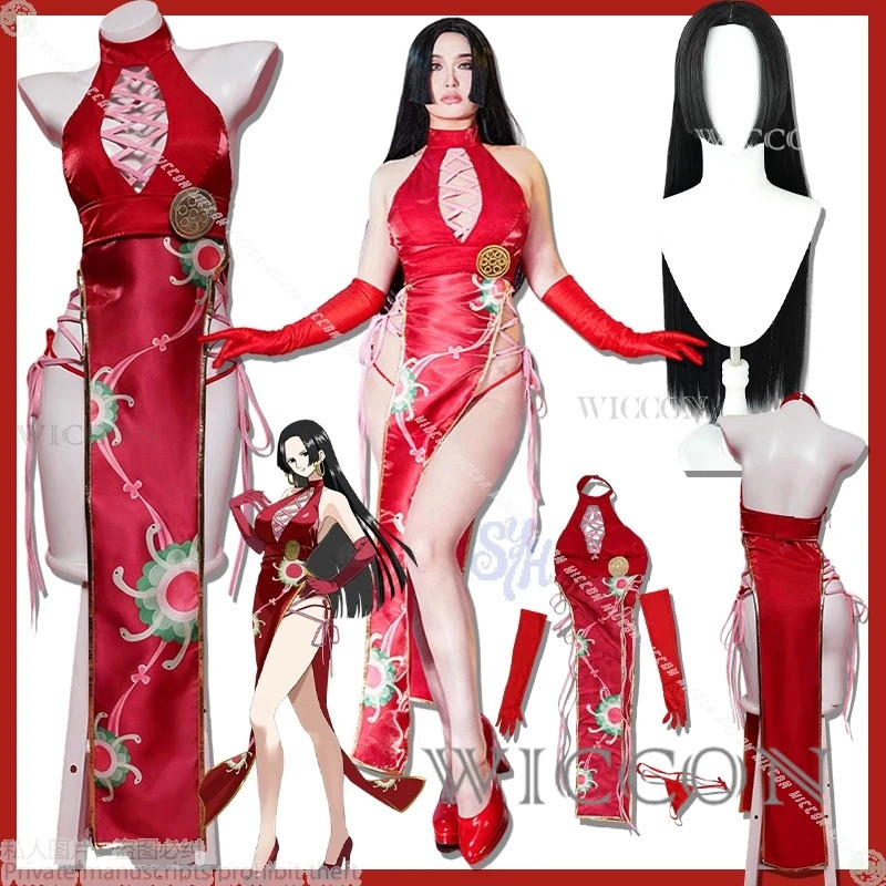 Mn Hancok Cosplay Anime Pirates Vikings Costume Sexy Red Split Dress Long Cheongsam New Years Christ