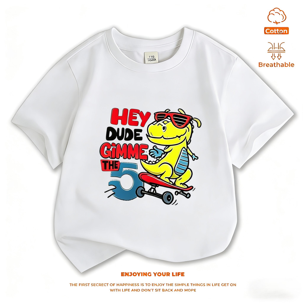 เด็กสเก็ตบอร์ดไดโนเสาร์เสื้อยืดผ้าฝ้าย 100% ระบายอากาศได้ | Cool "Hey Dude" Print Boys Casual Short 