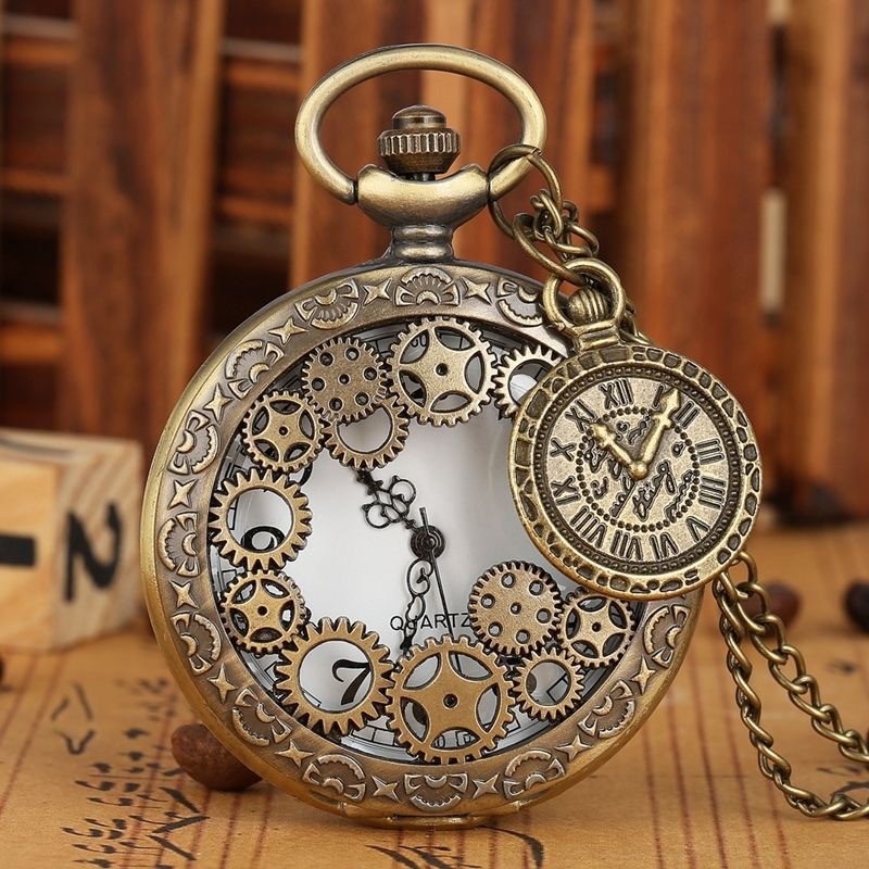 Gear Compass Retro Pocket Strap Accessories Hollow Butterfly Old-fashioned Necklace Watch Bronze Loc
