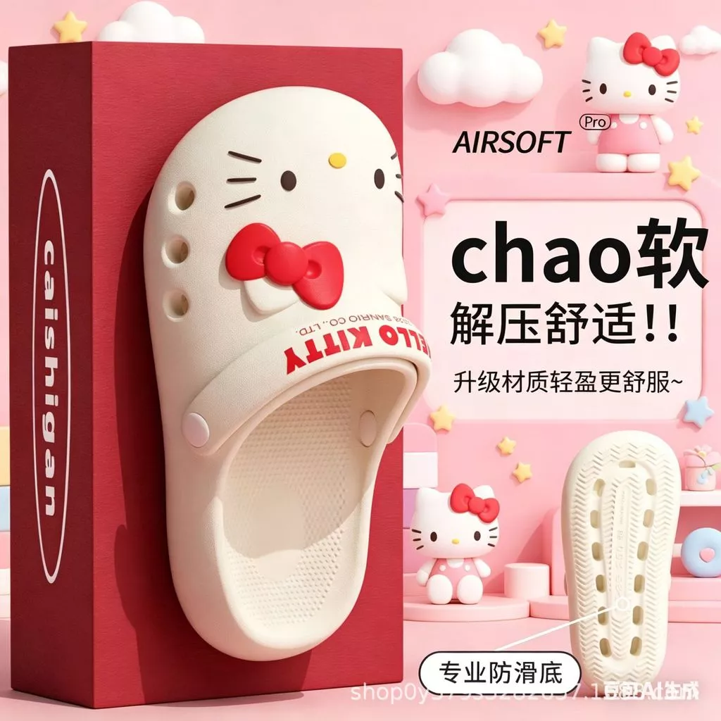 2026 สไตล์ใหม่ Sanrio ของแท้ HelloKitty Hole รองเท้าผู้หญิงสวมใส่ด้านนอก Shit-stepping หนา soled Anti-slip Baotou20260415