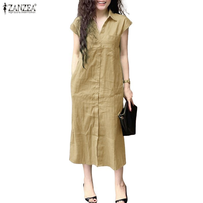 .getZANZEA เสื้อเชิ้ตเดรสสำหรับผู้หญิง สไตล์เกาหลี ปกพับได้ แขนแรกลัน