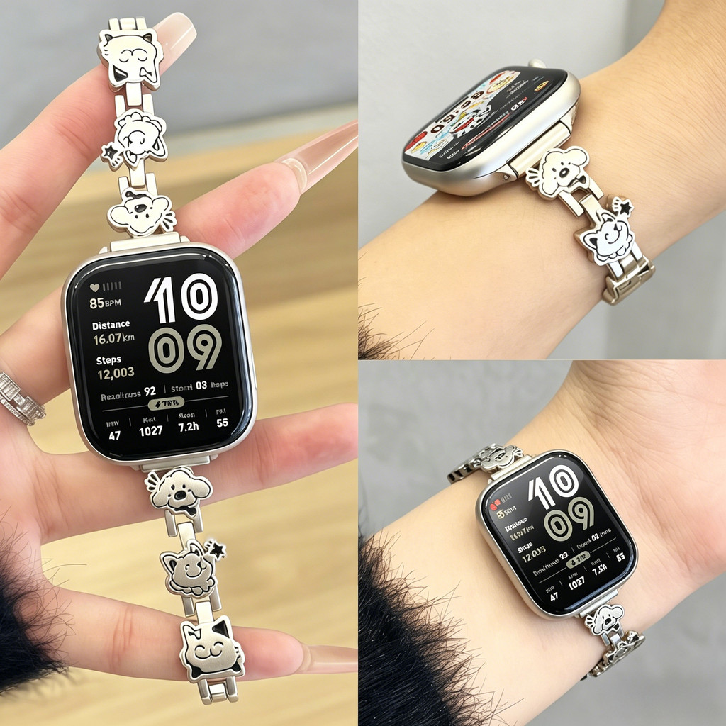น่ารักเพลงแมวสร้อยข้อมือโลหะสําหรับ Amazfit Bip 6 Bip 5 5 Unity Smartwatch อุปกรณ์เสริมสแตนเลสผู้หญิงสายรัดข้อมือสําหรับ Amazfit GTS 2 3 4 Mini สาย