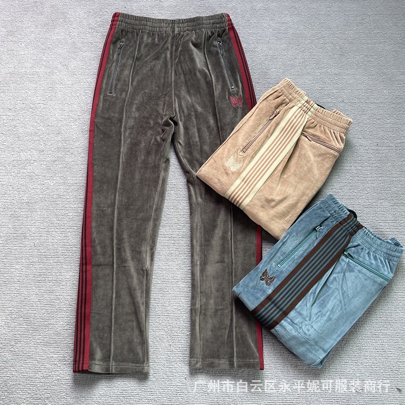 KJTJ Needles Track pants Velvet Butterfly Ribbon Pants Japanese Retro Casual Loose Straight-Leg Trou