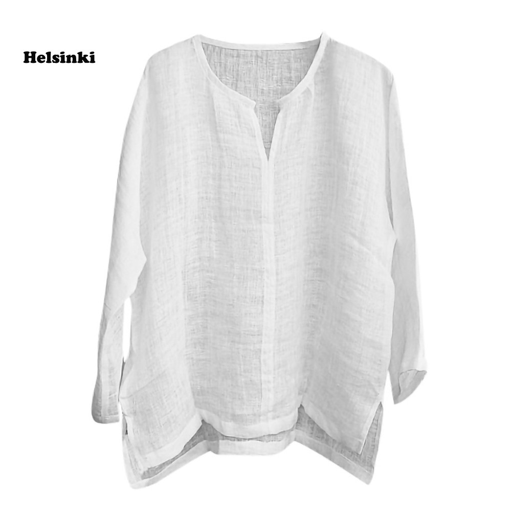 HLS ผู้ชายสบายๆฤดูร้อนสีทึบแขนยาว V คอ Slitting Hem หลวมเสื้อยืดด้านบน