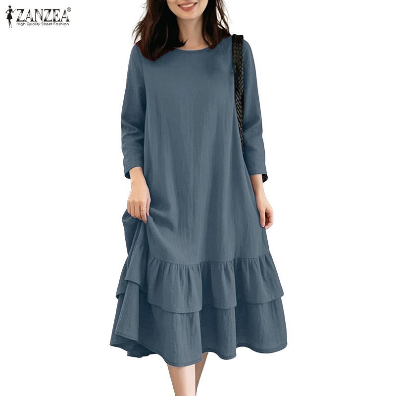 ZANZEA คอลูกเรือทุกวันเกาหลีของผู้หญิง 3/4 แขนสีทึบ Ruffled Hem ชุดเค้กผูกชั้น