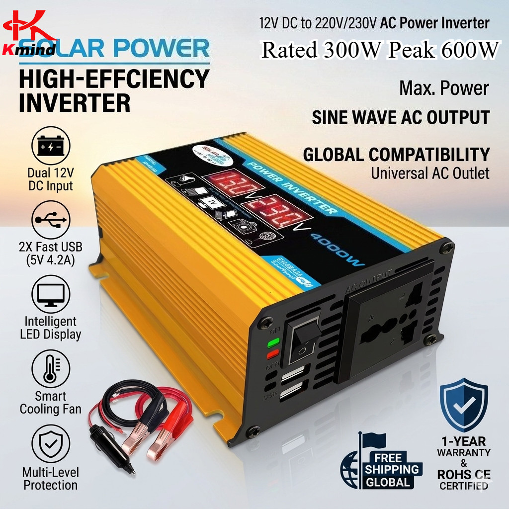 อินเวอร์เตอร์ไฟรถยนต์ 12V to110V/220V Rated 300W Peak 600W