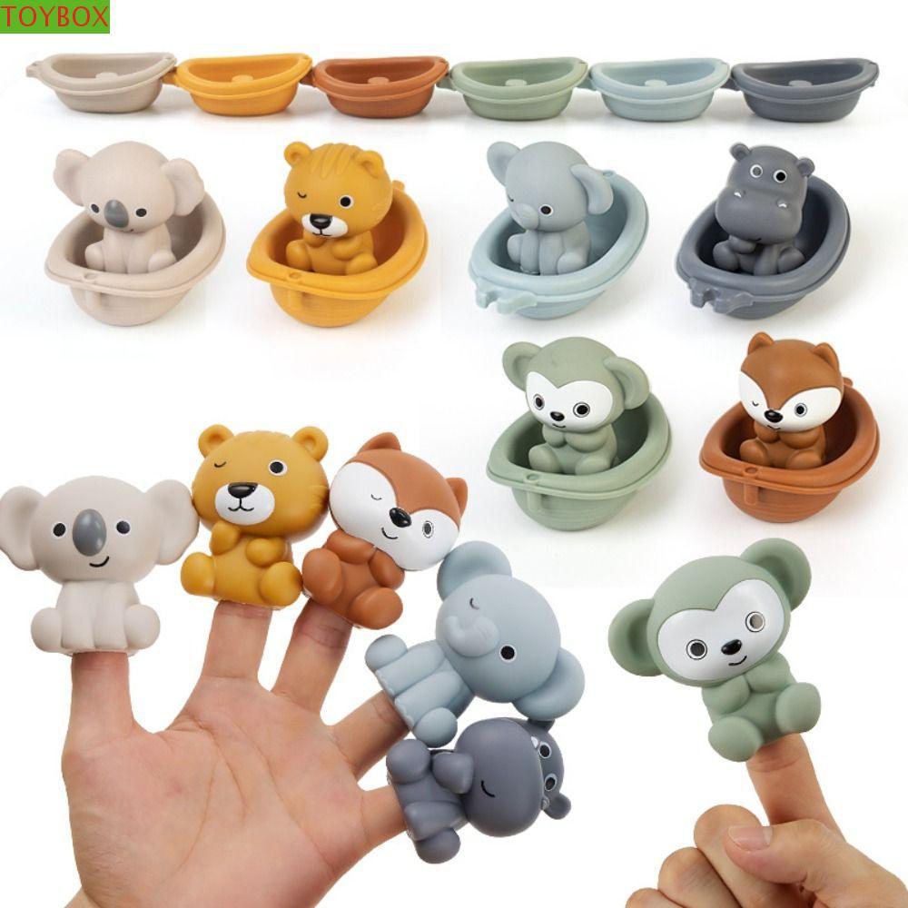 ทอยบ็อกซ์ ของเล่นอาบน้ําเด็ก หุ่นนิ้วสัตว์ลอย ซิลิโคนการศึกษา สีสันซ้อนเรือ ของเล่นเด็ก