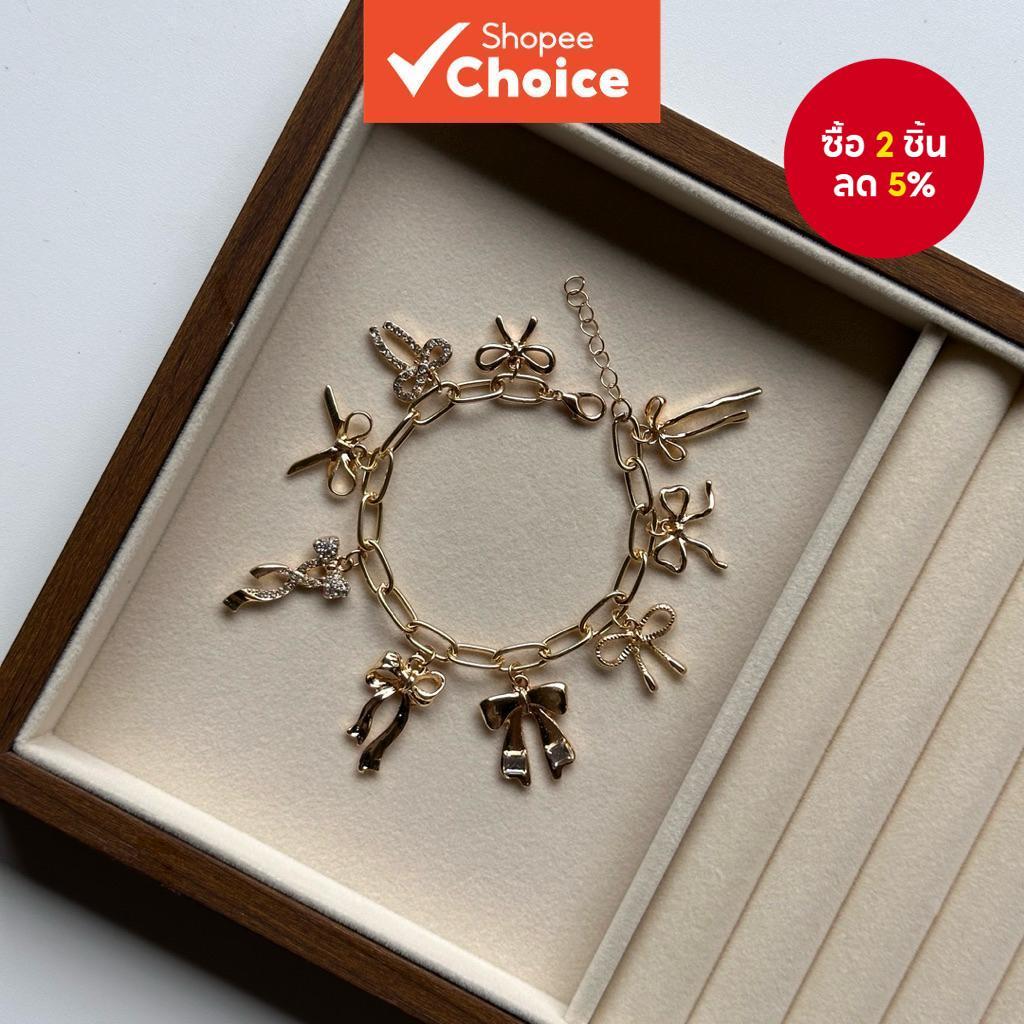 สร้อยข้อมือจี้โบว์หลายพร้อมโซ่ข้าม Dainty Minimalist เครื่องประดับของขวัญสําหรับเธอ