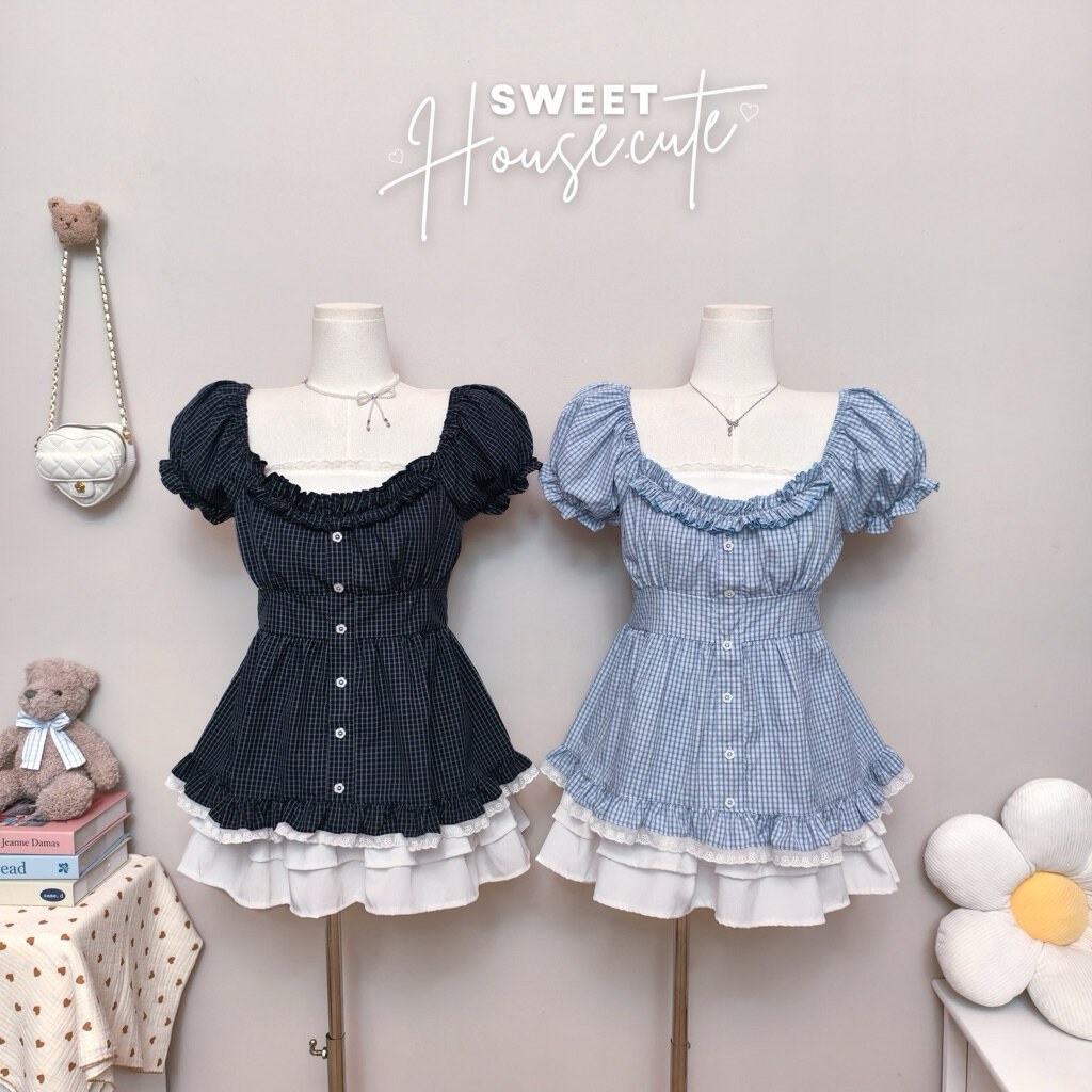 🧸 SweetHouse #672 🌻 ชุดเซตเสื้อแขนตุ๊กตากระดุมดอกไม้ + กระโปรงระบาย 2 ชั้นทรงโบว์ซับในกางเกงจั๊มพ์น่ารักมากก