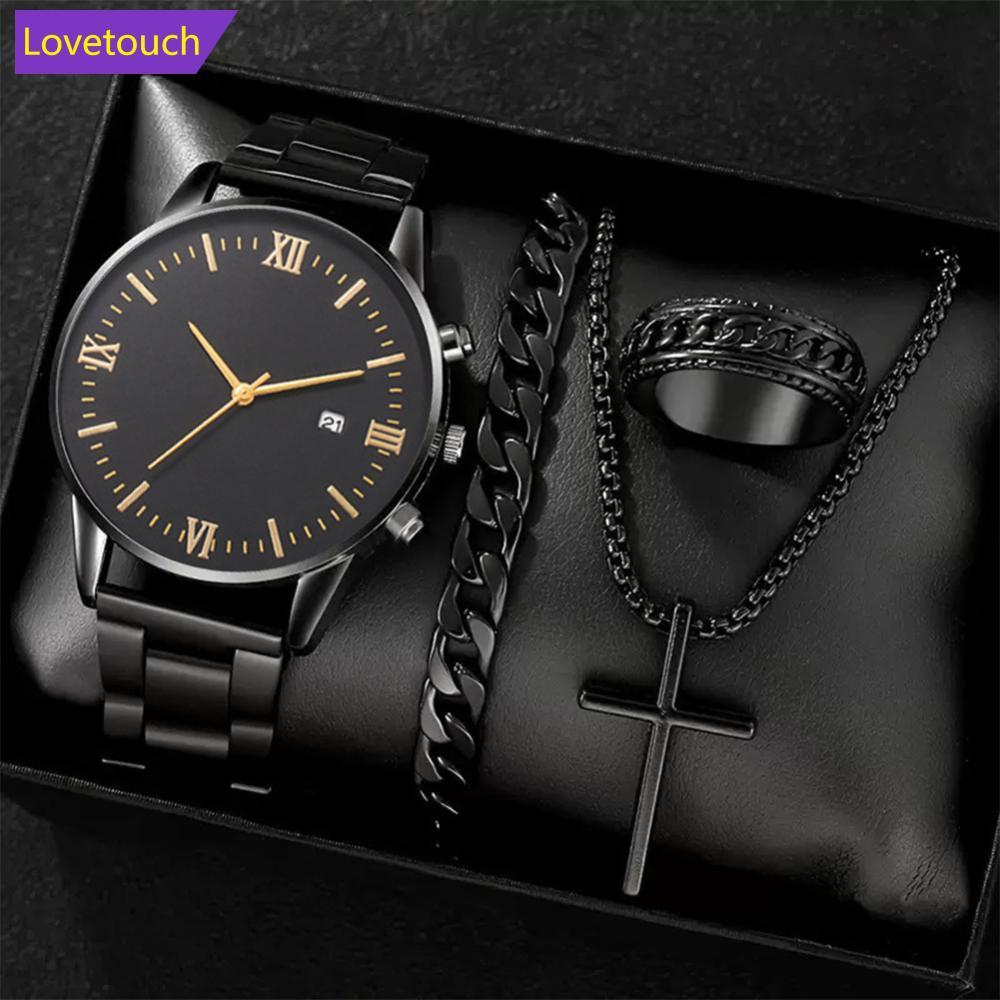LOVETOUCH 4 ชิ้นนาฬิกาผู้ชายธุรกิจนาฬิกาควอตซ์ปฏิทินนาฬิกาข้อมือสร้อยคอสร้อยข้อมือแหวนชุดอุปกรณ์เสริ