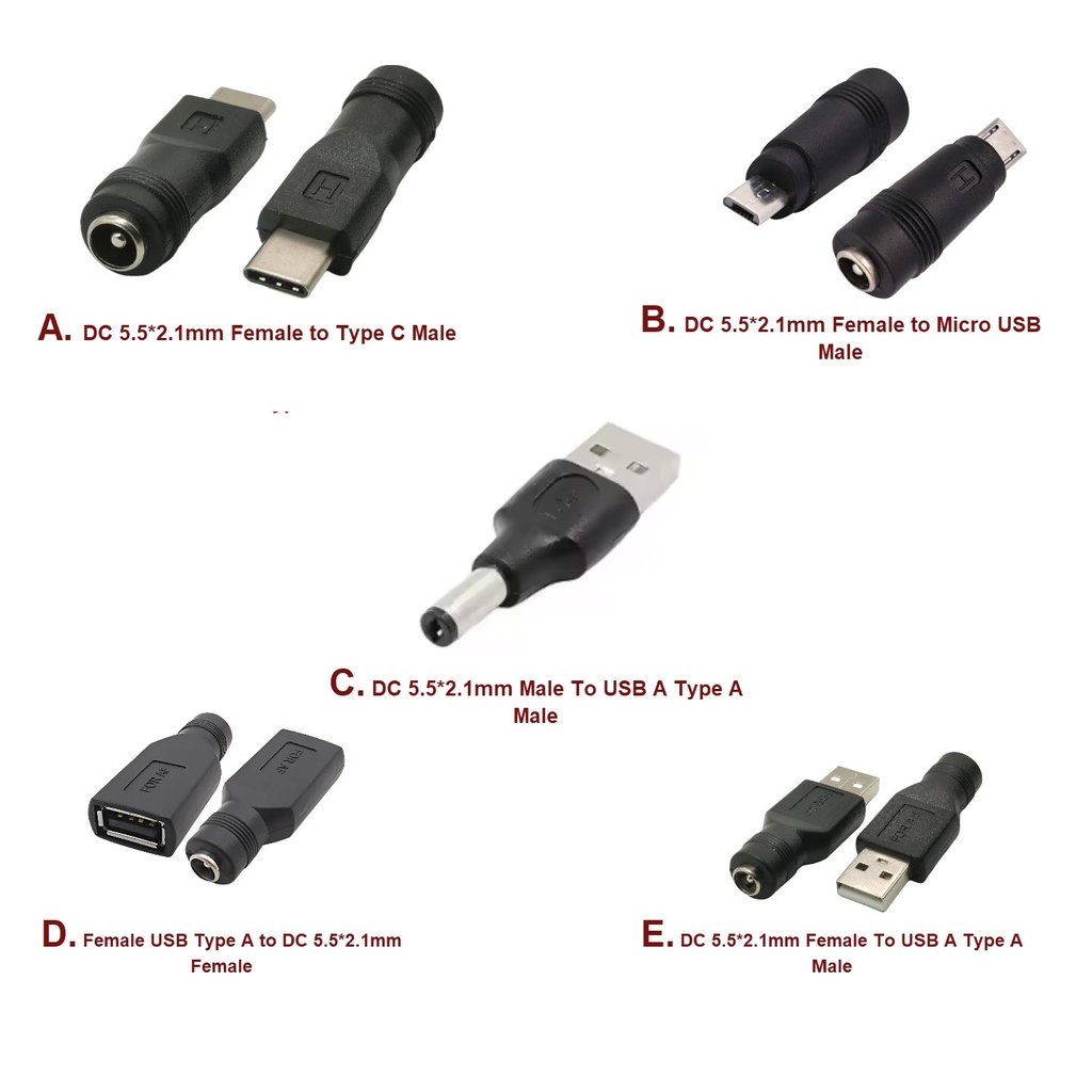 DC Jack Socket Adapter DC Socket 5.5x2.1mm Female to Micro USB / Type C / USB A Female / USB A Male 