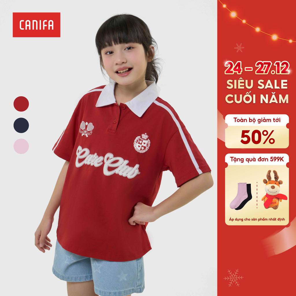 CANIFA เสื้อโปโลเด็กผู้หญิง แขนกุด คอปกเปิดลง ผ้าฝ้าย USA นุ่ม พิมพ์ลาย 1TP25C002