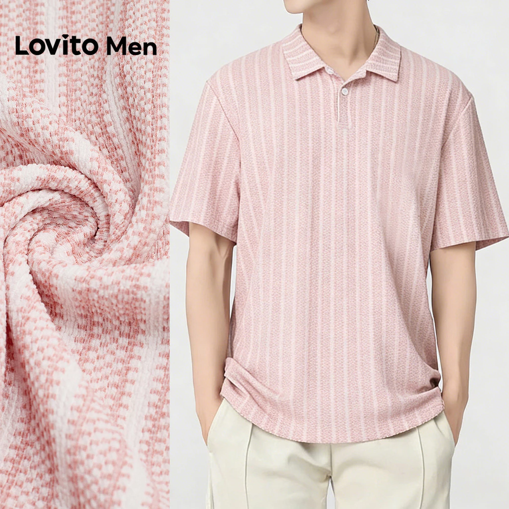 Lovito Men เสื้อโปโลผู้ชายสีชมพูฤดูใบไม้ผลิ/ฤดูร้อนแบบกระดุมลําลอง L175ED105