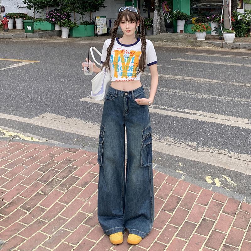 S-6XL กางเกงยีนส์คาร์โก้สไตล์เรโทรอเมริกันสำหรับผู้หญิง ทรงเอวสูง ขากรรไบตรง ทรงหลวม ขากว้าง ยาวถึงพื้น
