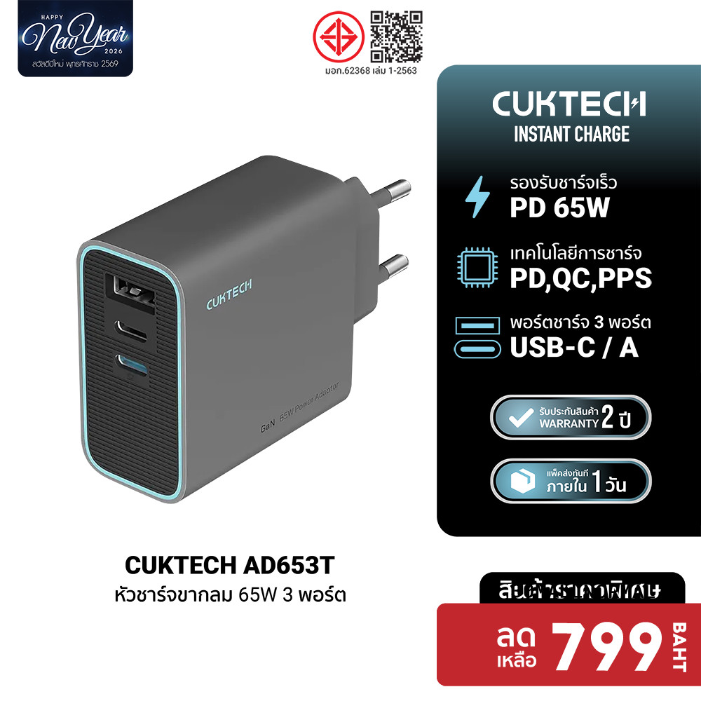 [ลดเหลือ 799] CUKTECH GaN3 AD653C / AD653T 65W หัวชาร์จเร็ว PD3.0 , QC ชาร์จสูงสุด 3 อุปกรณ์ ขนาดเล็