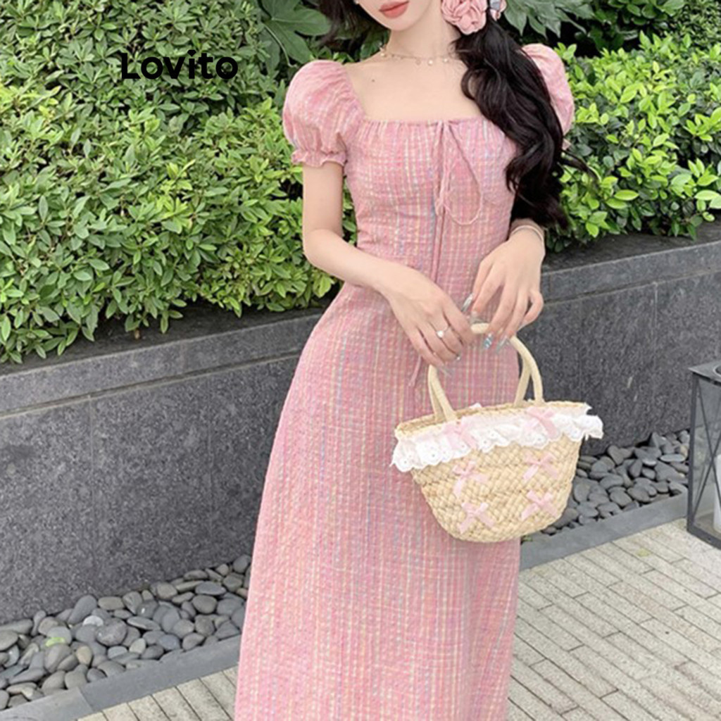 Lovito ชุดเดรสลําลองชุดเดรสฤดูร้อน/ฤดูใบไม้ผลิลายสก๊อตสําหรับผู้หญิง LNM68399