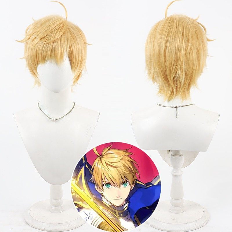 Fate Grand Order  FGO  Old Sword Arthur Cosplay Wig  Yellow Color  Teased Hair Roots  Heat Resistant