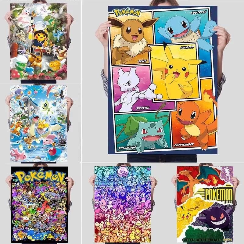 คลาสสิกอะนิเมะ Pokemon อุปกรณ์ต่อพ่วง Kawaii Pikachu โปสเตอร์เด็กตกแต่งห้องนอน Art ภาพสีน้ําภาพวาดผ้าใบ Cuadros
