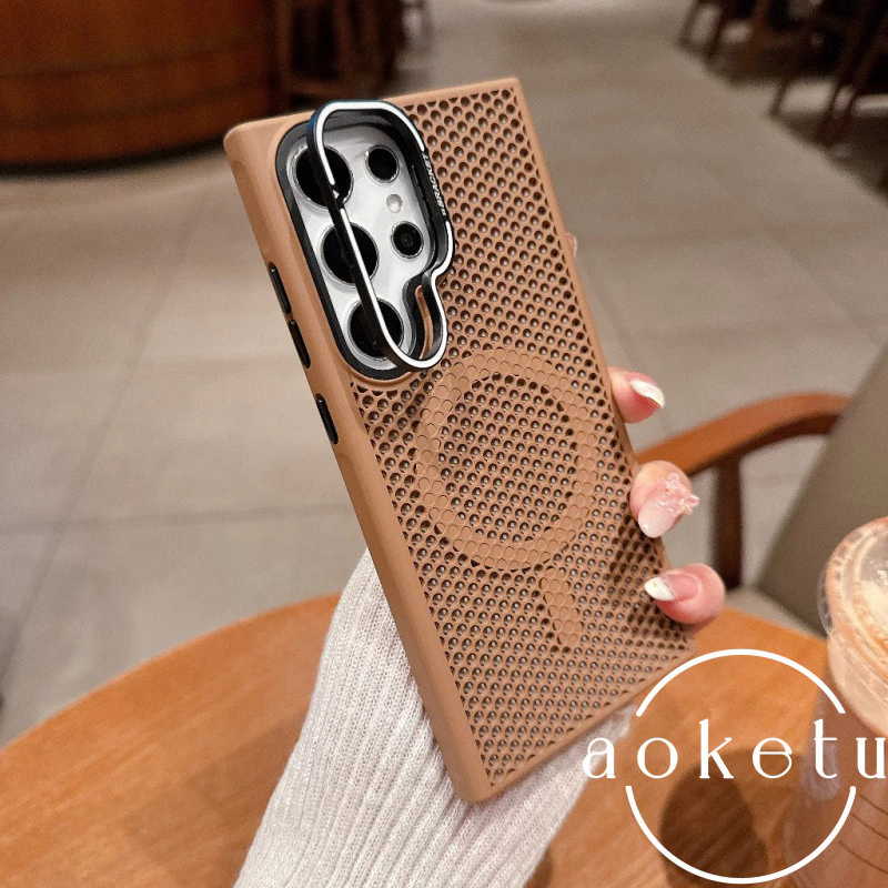 SAMSUNG เหมาะสําหรับSamsung S25 Ultraเคสโทรศัพท์โลหะเลนส์S24 Ultraแม่เหล็กดูดS23 Ultraรังผึ้งBreathableกระจายความร้อนS25 soft Edge drop S24 frosted S23 hard cov