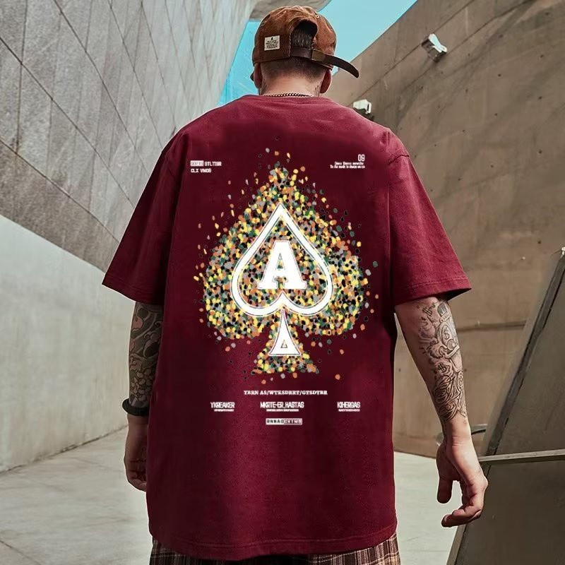 韩国 2026M-8XLSummer สไตล์อเมริกัน Vintage Poker Spades พิมพ์คู่เสื้อยืดขนาดใหญ่กีฬาแขนสั้น Oversize P