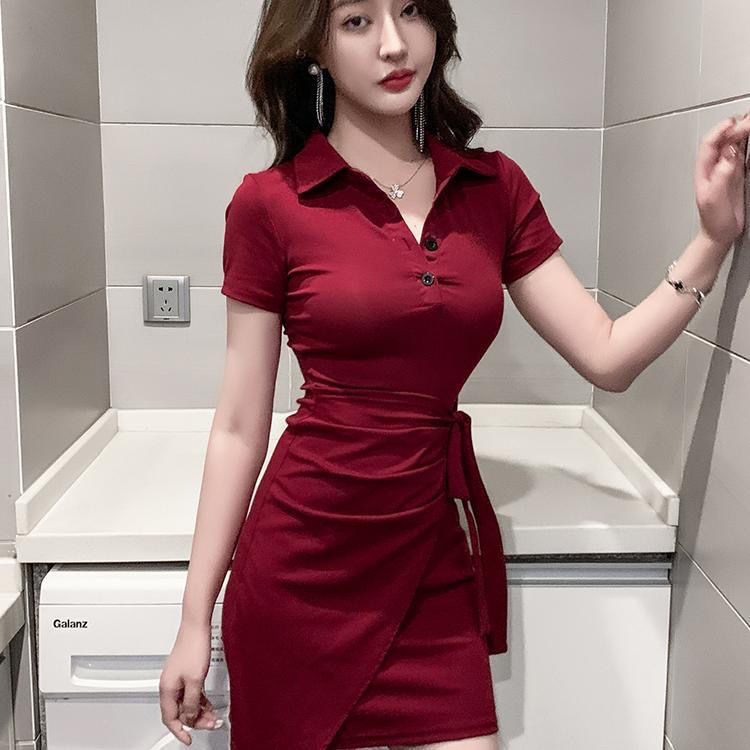 NCE ชุดเดรสคอปกโปโลรัดรูปเซ็กซี่สําหรับผู้หญิงสไตล์เกาหลีสีแดงคริสต์มาสชุดห่อสะโพกไม่สม่ําเสมอ