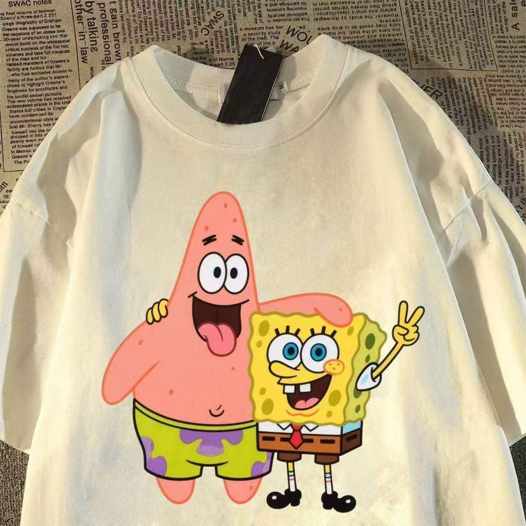 เสื้อยืดแขนสั้นสไตล์ฮ่องกง พิมพ์ SpongeBob SquarePants สำหรับทั้งผู้ชายและผู้หญิง ทรงหลวมรอบคอมีสไตล์ ราคา ถูกที่สุด ดีลบีเคเค