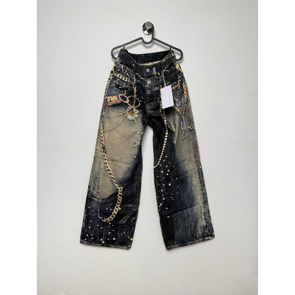 AC 1981 Black Gold Pants Chain การพิมพ์ดิจิตอล 3D Visual Printing Distressed Gold Ring Jeans
