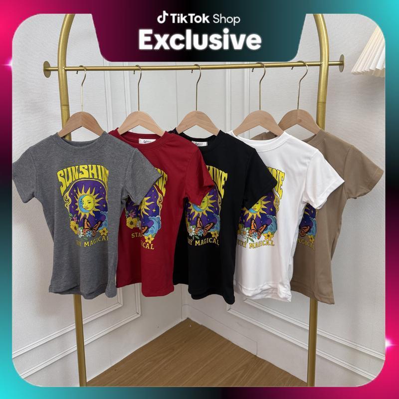 SpinnyHouse เสื้อเข้ารูป ใส่แล้วดูเพรียวสุด สกรีนลายพระจันทร์ พร้อมส่ง ผ้าร่องยืด สาววบใส่ได้น้า รุ่น แครอท พระอาทิตย์เห