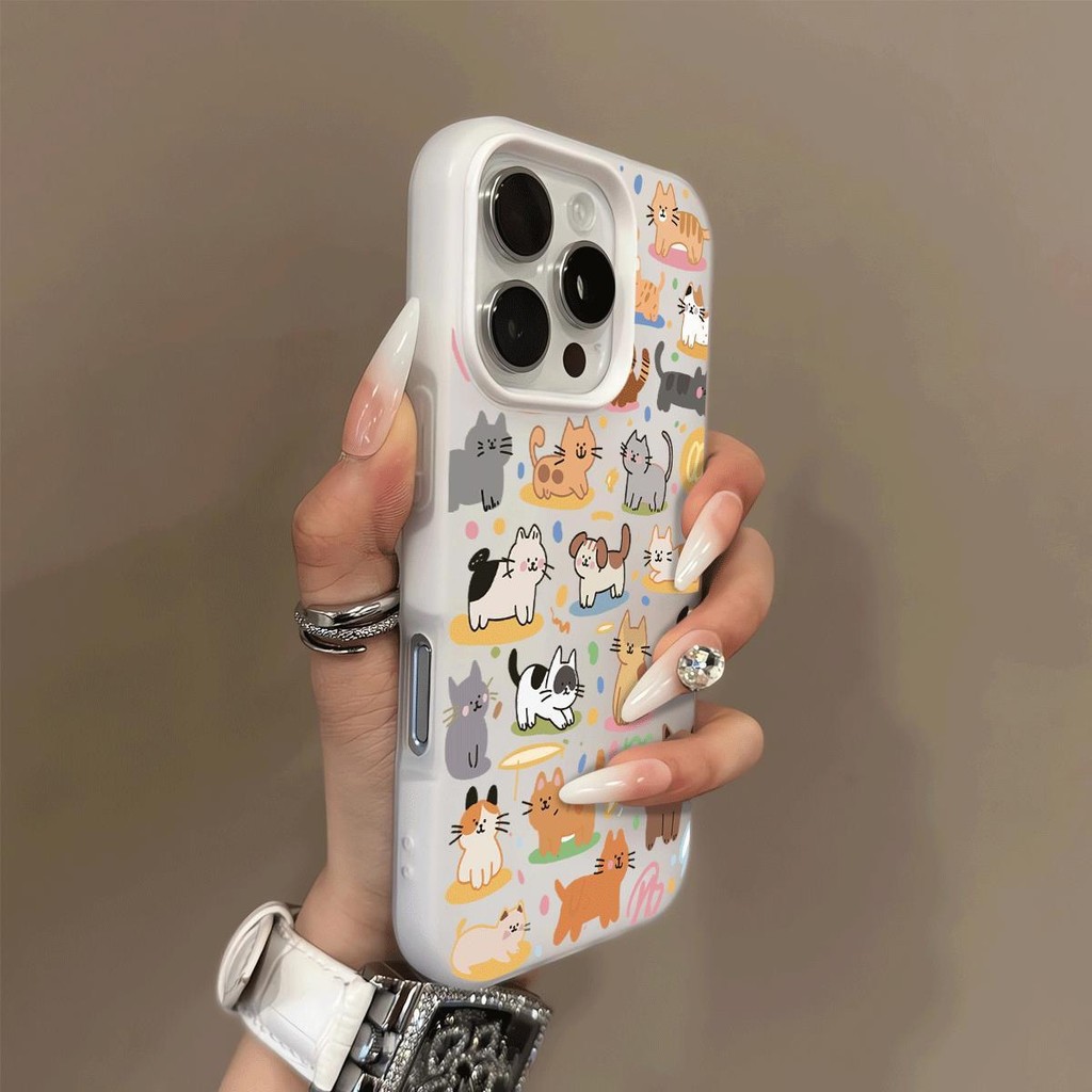 เคส for iPhone 16 16 Pro 16 Plus 16 Pro Max 16E ใหม่เต็มหน้าจอน่ารักแมว 2 ใน 1 กรณีโทรศัพท์ป้องกันกา