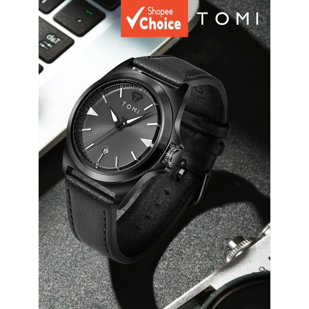 TOMI Mens Business Watch Matte Black Dial Triangle Mark Black Strap Date Waterproof Wear-resistant น