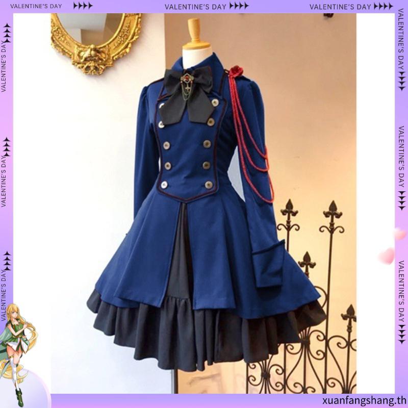 Women Vintage Gothic Lolita Cosplay Costume Dress Bow Tie Button Long Sleeve Party Dress