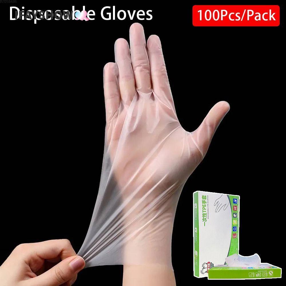 IFAYSHOW ถุงมือทําความสะอาด 100 ชิ้น, กรดทํางานความปลอดภัยถุงมือทิ้งโปร่งใส, ครัวเรือนลื่น TPE เกรดอาหารถุงมือยางฟรี