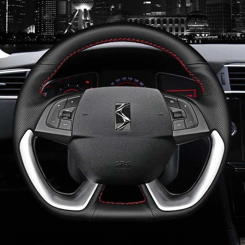 สําหรับ Citroen DS5 DS 5 DS4S DS 4S Hand-stitched ลื่นสีดําหนังแท้พวงมาลัยรถ