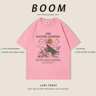 BOOM ฤดูร้อน เสื้อยืดสั้นแขนผ้ายืด สไตล์เรโทร Oversize ลาย THE NATURE CAMPING คุณภาพ ระบายอากาศดี (เงินสดปลายทาง)
