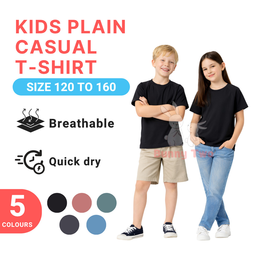 Baju Plain Sukan Kids Casual Sport T-Shirt Kids Sport Shirt Boy Round Neck Shirt