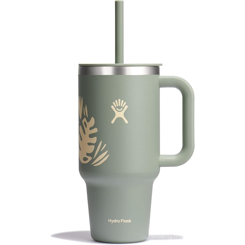 ถ้วยเดินทาง Hydro Flask พร้อมที่จับ ฝาปิด และสแตนเลสหุ้มฉนวนฟาง 32oz Plant Hydro Green