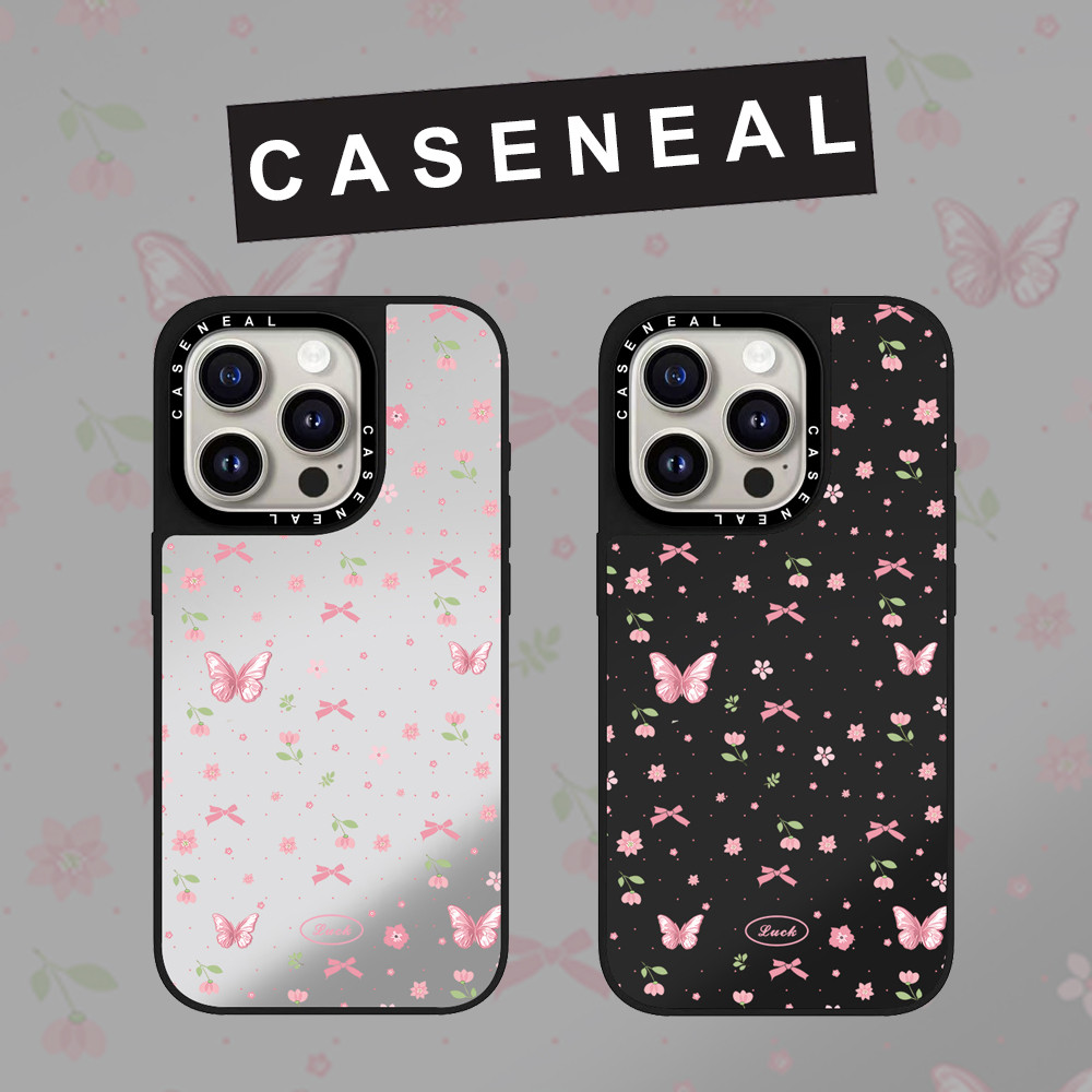 CASENEAL สีชมพูผีเสื้อดอกไม้กระจกหน้าอะคริลิคใสเคสโทรศัพท์สําหรับ iPhone 17 Pro Max 16 ProMax 15Pro 14 Plus 13 12 โทรศัพท์กันกระแทกขอบนุ่มฮาร์ดป้องกันกรณี