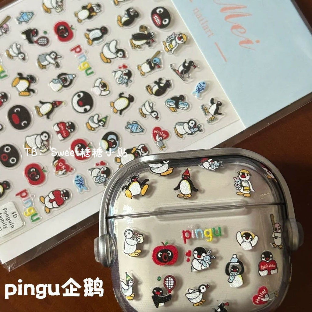 Ins สไตล์ pingu Penguin สติกเกอร์แต่งเล็บนูนถ้วยน้ําสามมิติ iphone17pro สติกเกอร์แผงด้านหลัง