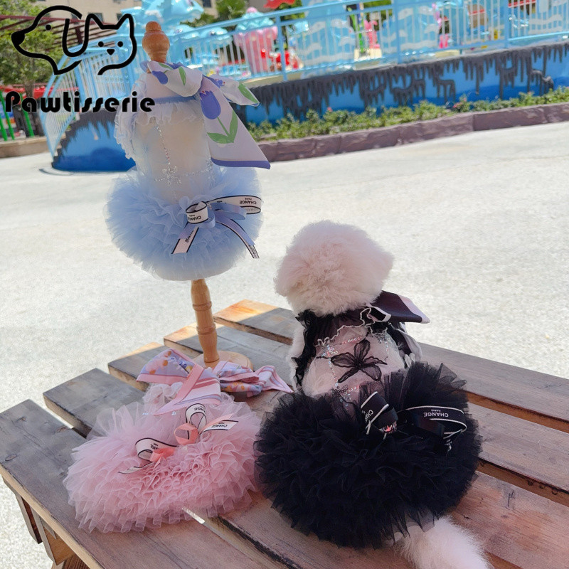 ชุดเดรสตูตูสัตว์เลี้ยงริบบิ้นลายดอกไม้ | ชุดสุนัขแมว Ruffle Tulle 3 สี