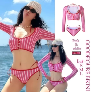 GOODFIGURE BIKINI บิกินี่พร้อมเสื้อคลุม ลายทางชมพู สายฝอ แซ่บ🦋 มีไซส์ S M L XL 2XL Y164