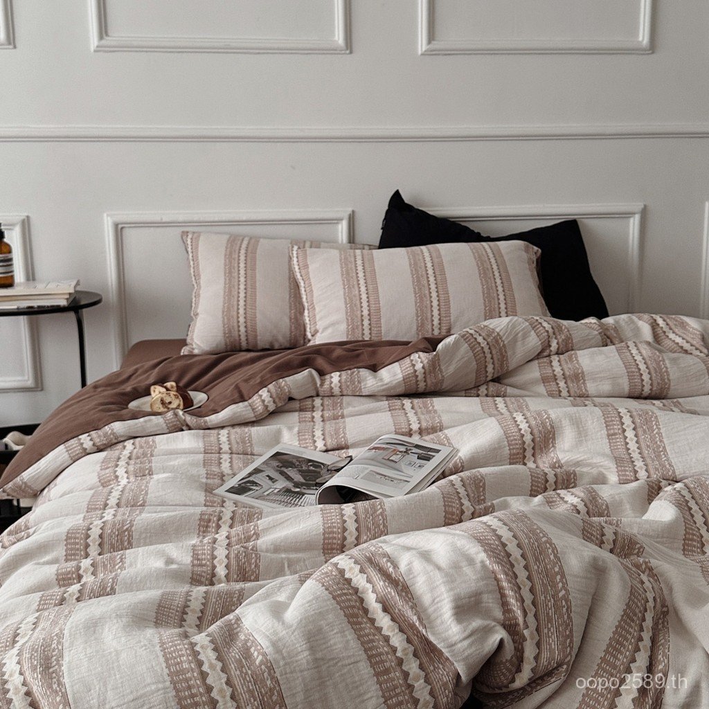 Retro Luxury ins Asian Brown ผ้าปูที่นอน Sibo Light ชุดสี่ชิ้น Jacquard ผ้าฝ้ายแท้ Beige ผ้านวม JSU0