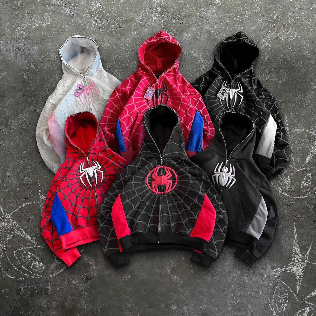 Y2k Retro America Spider Foaming 3d พิมพ์แฟชั่นหลวมซิป Hoodie ผู้ชายแจ็คเก็ต Street Sweatshirt