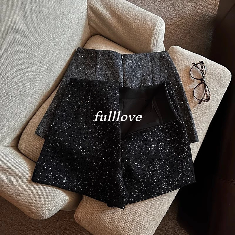 [ส่งไวจากไทย] Fulllove กางเกงขาสั้นเอวสูงแบบเกาหลีสำหรับผู้หญิง ดีไซน์หลวม มีเลื่อม และไซส์ใหญ่